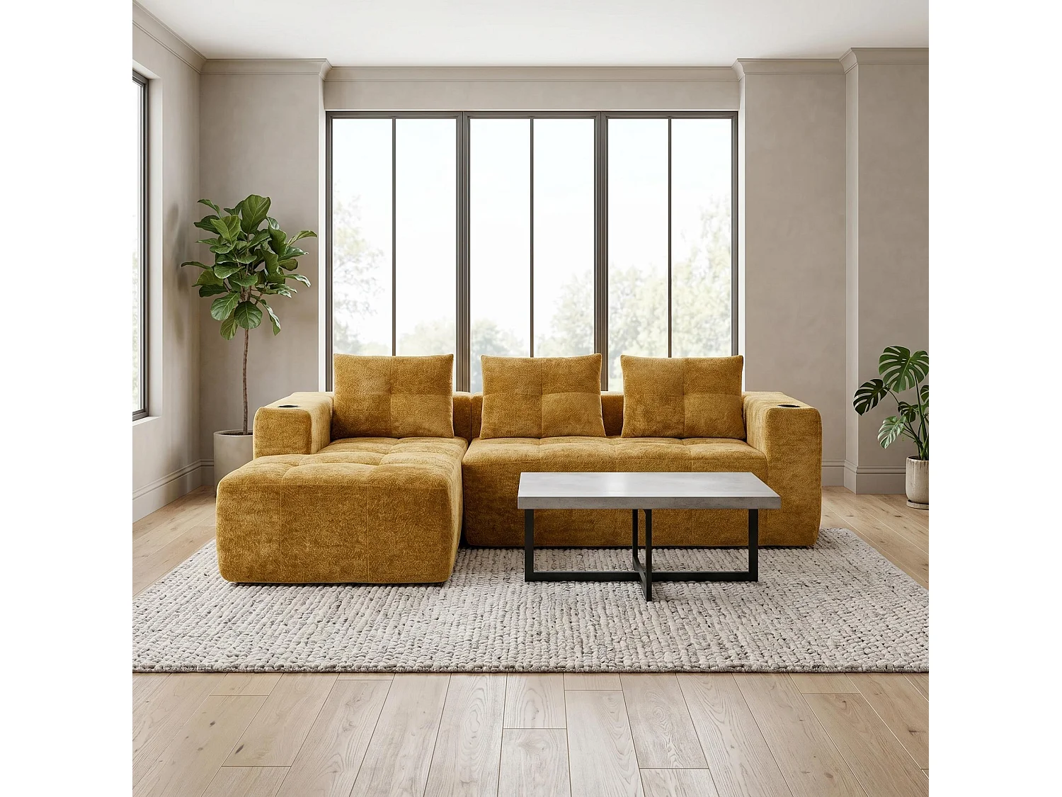 Canapé d'angle 3 places en chenille jaune moutard avec meridienne et portes-gobelets 258 cm