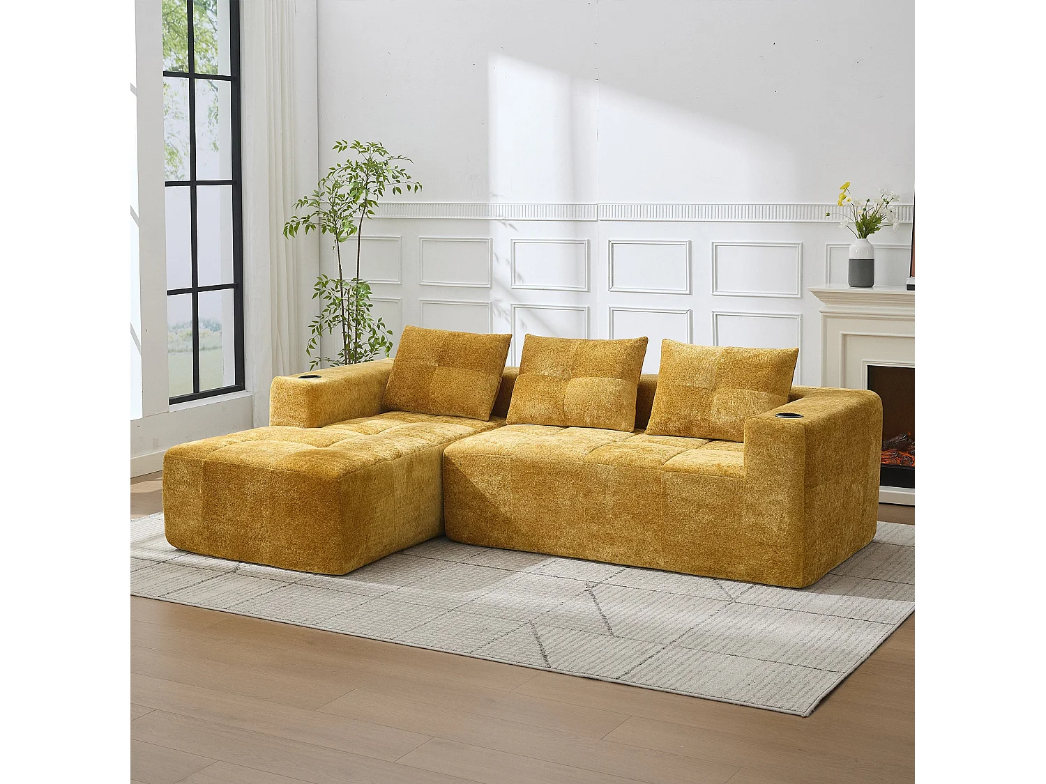 Canapé d'angle 3 places en chenille jaune moutard avec meridienne et portes-gobelets 258 cm
