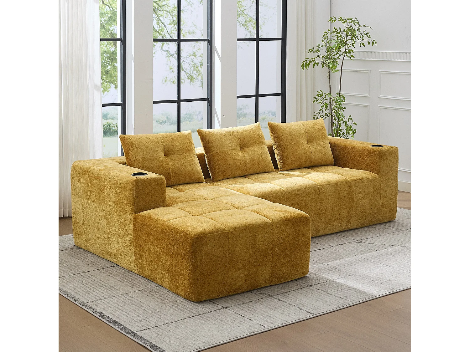 Canapé d'angle 3 places en chenille jaune moutard avec meridienne et portes-gobelets 258 cm