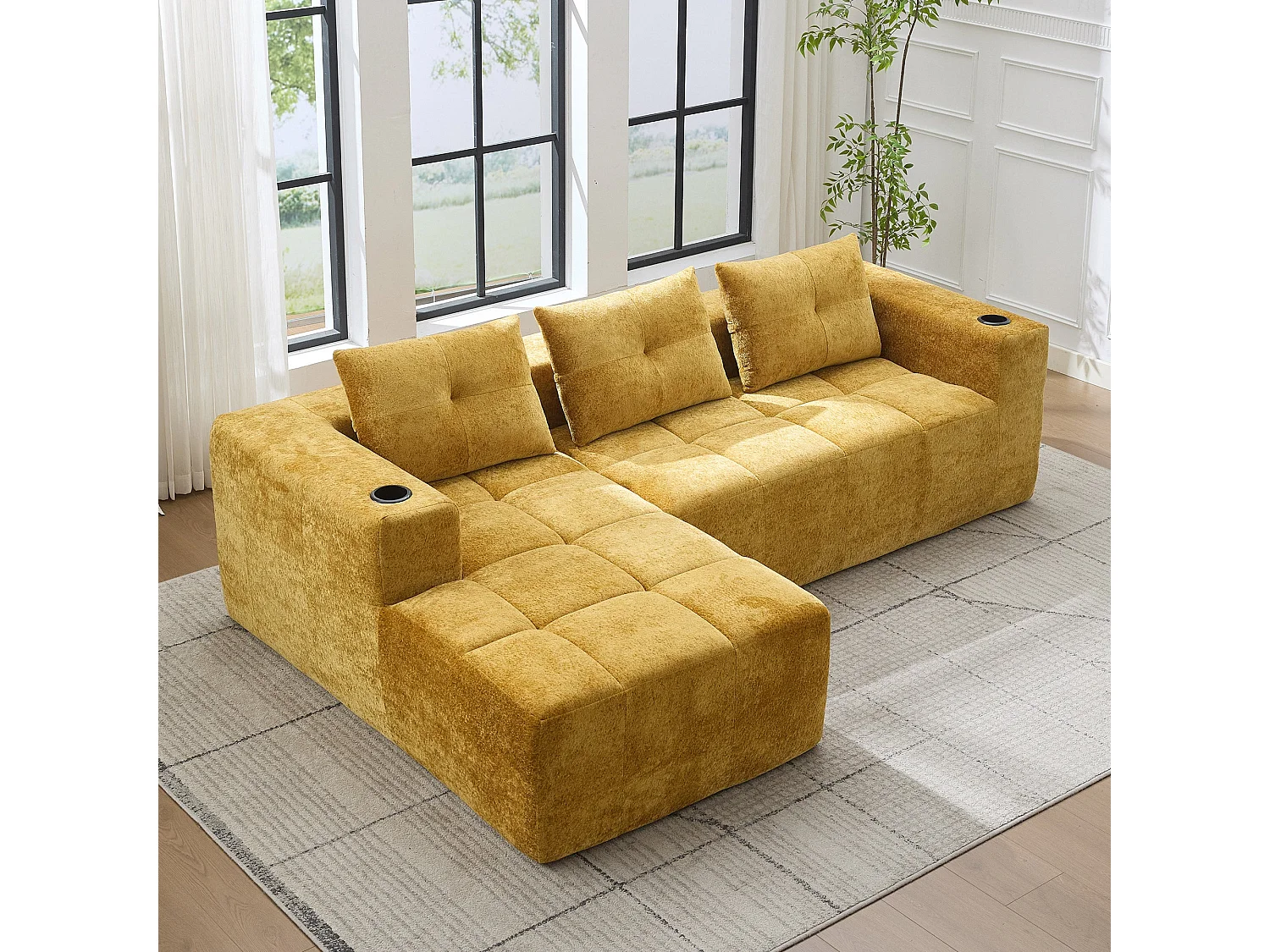 Canapé d'angle 3 places en chenille jaune moutard avec meridienne et portes-gobelets 258 cm