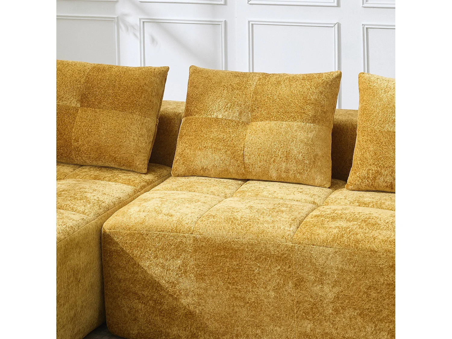 Canapé d'angle 3 places en chenille jaune moutard avec meridienne et portes-gobelets 258 cm