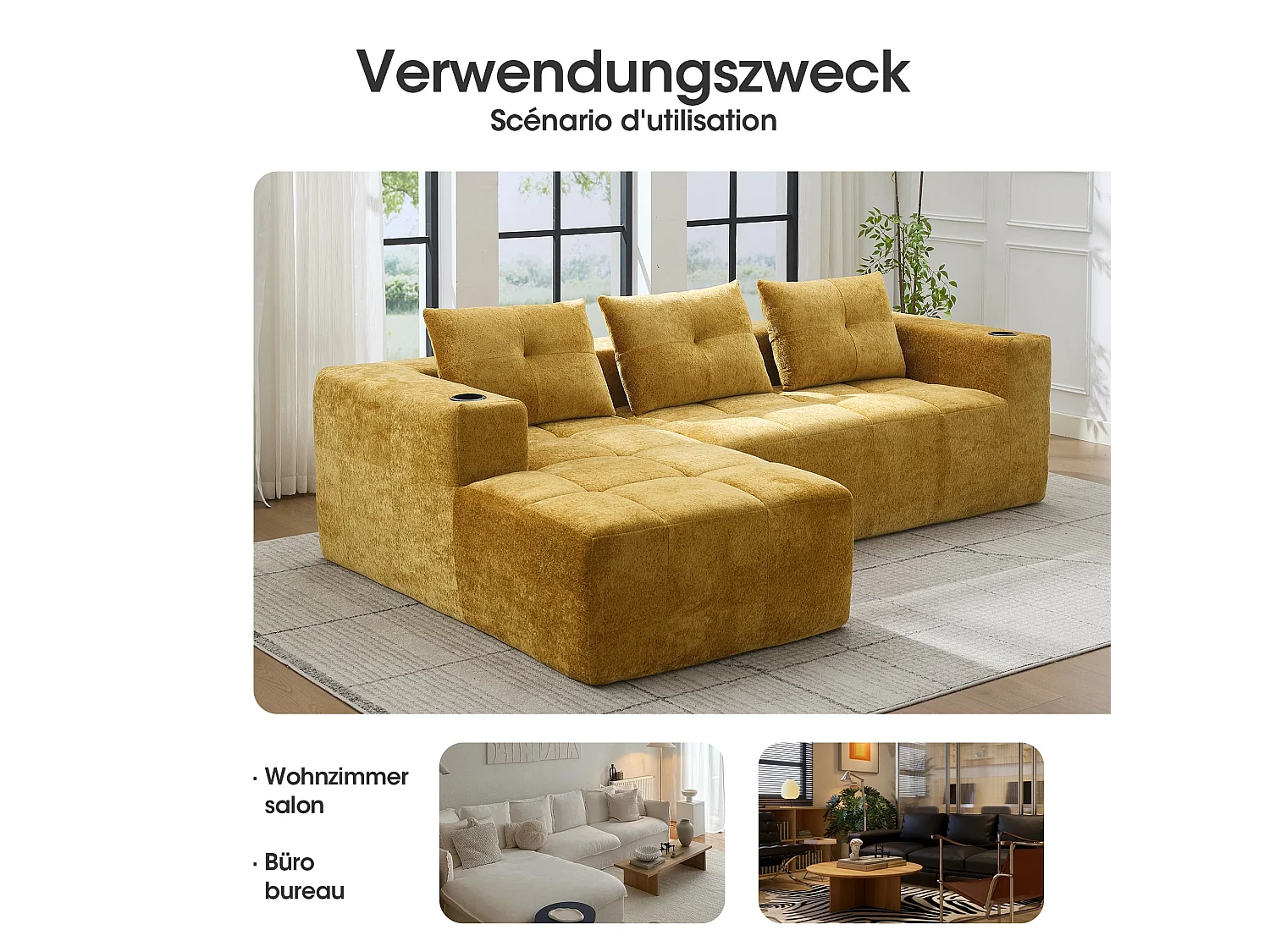 Canapé d'angle 3 places en chenille jaune moutard avec meridienne et portes-gobelets 258 cm