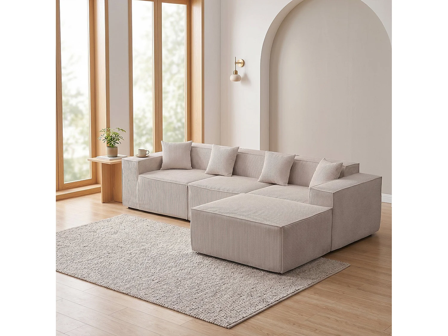 Canapé d'angle modulable 279 cm, convertible en lit, tissu beige