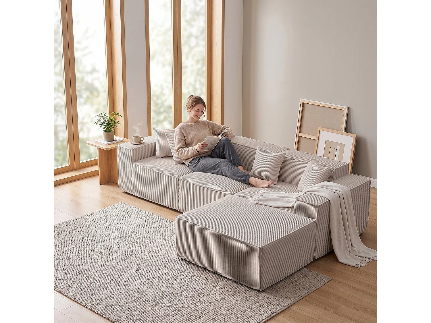 Canapé d'angle modulable 279 cm, convertible en lit, tissu beige