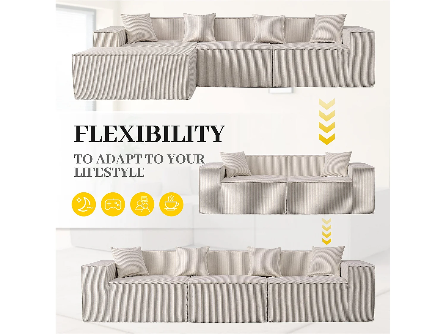 Canapé d'angle modulable 279 cm, convertible en lit, tissu beige