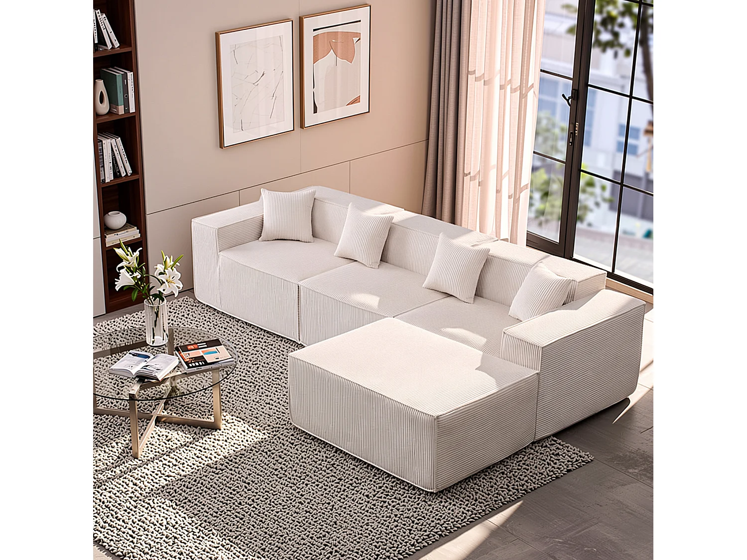 Canapé d'angle modulable 279 cm, convertible en lit, tissu beige