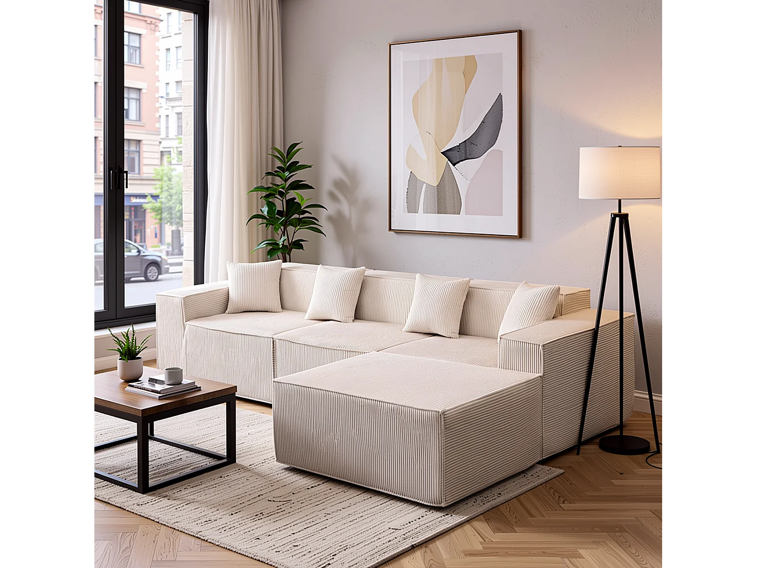 Canapé d'angle modulable 279 cm, convertible en lit, tissu beige