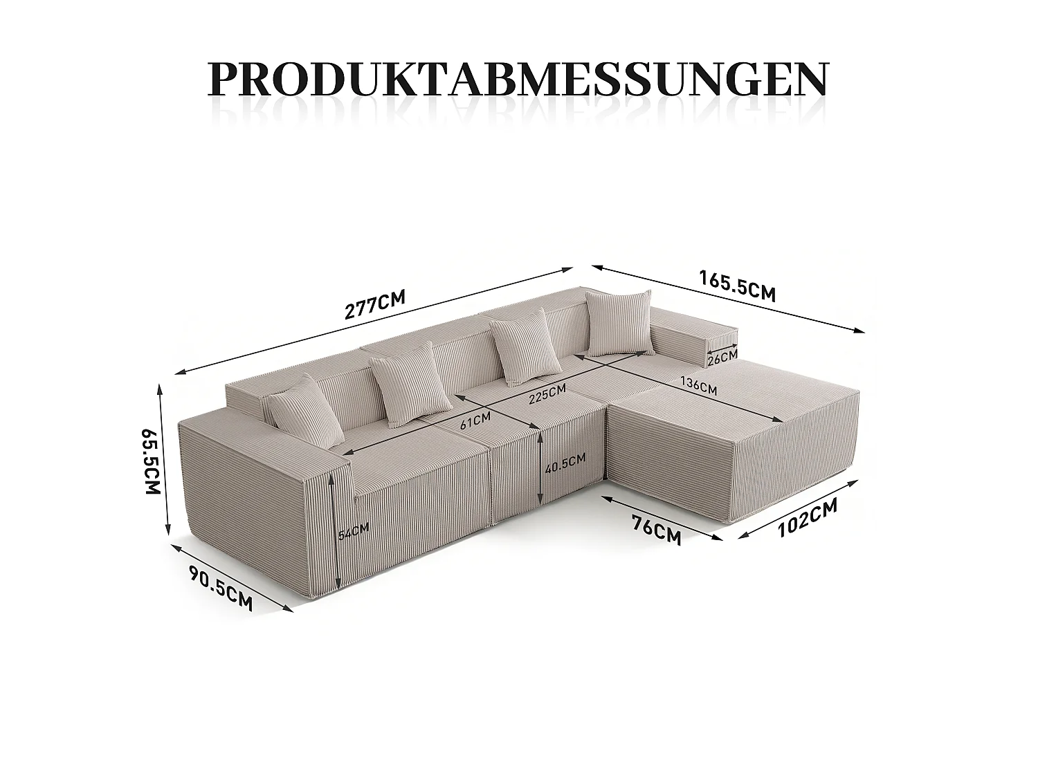 Canapé d'angle modulable 279 cm, convertible en lit, tissu beige