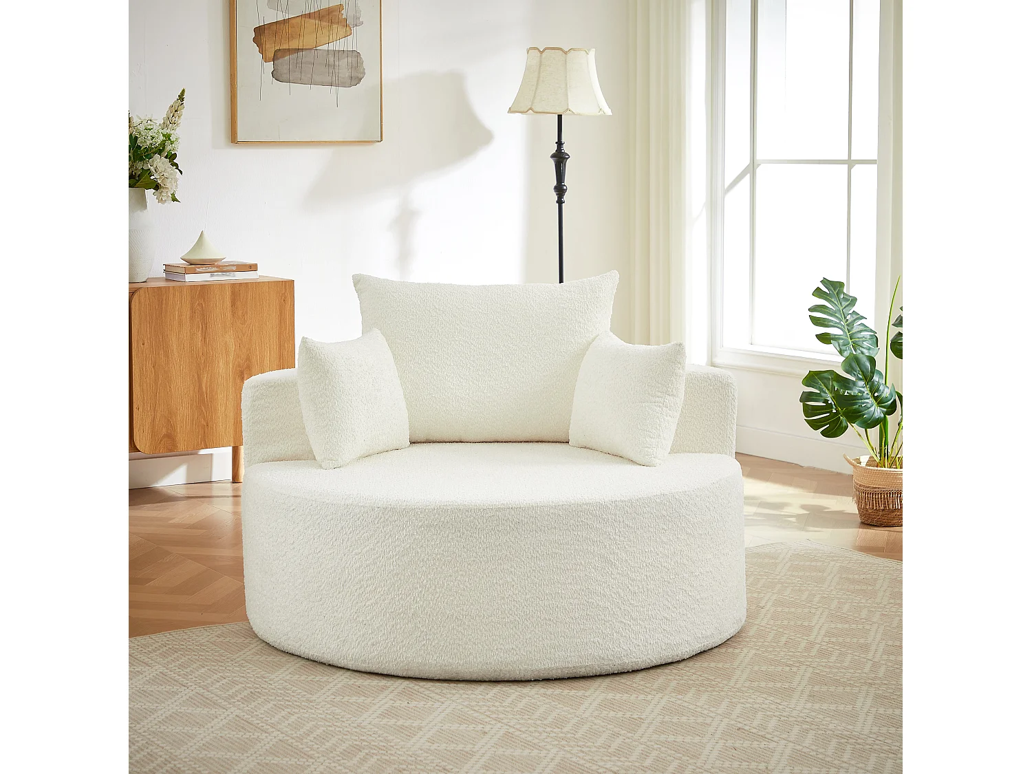 Fauteuil simple en chenille beige avec coussins, mousse sans montage