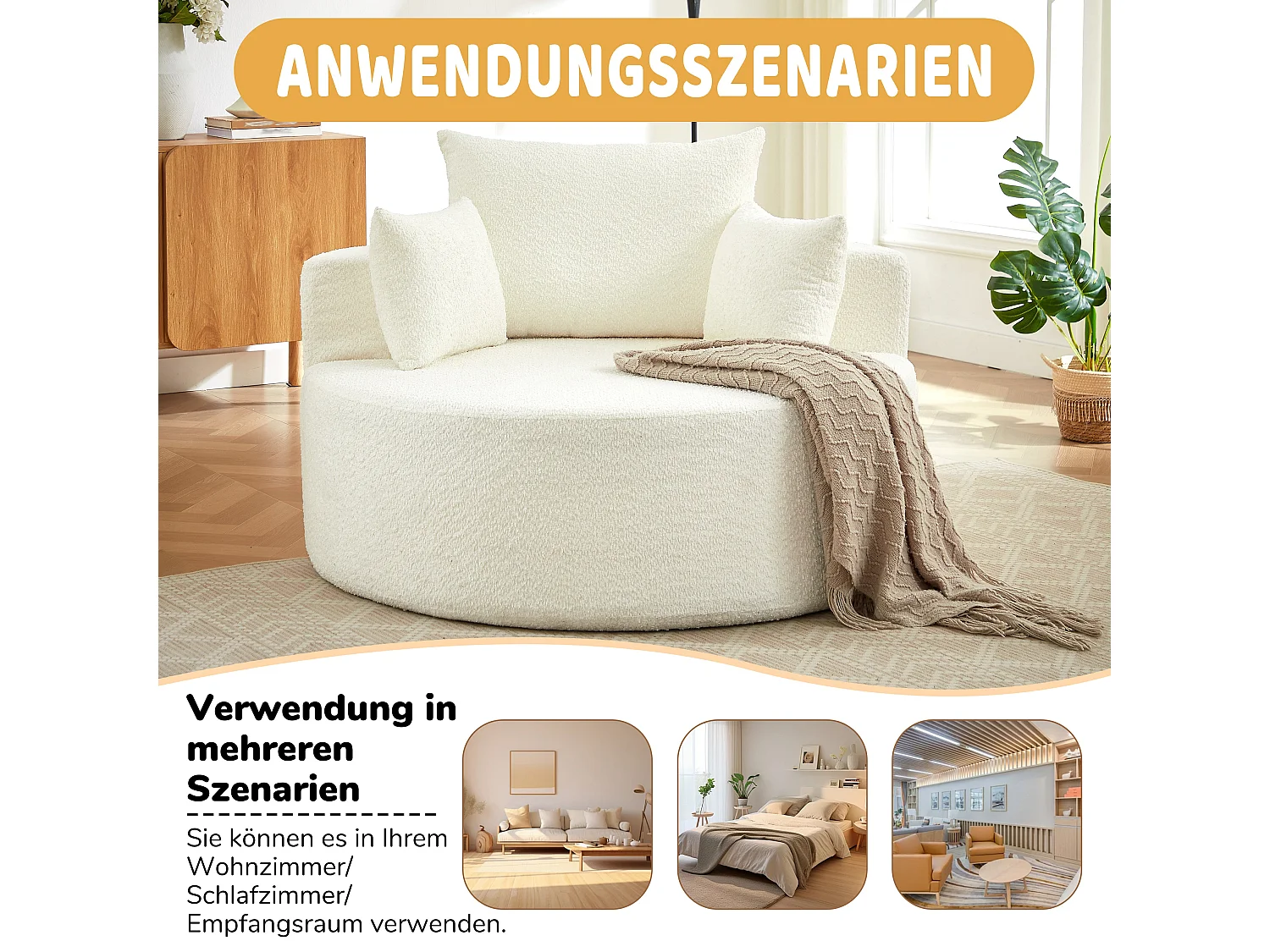 Fauteuil simple en chenille beige avec coussins, mousse sans montage