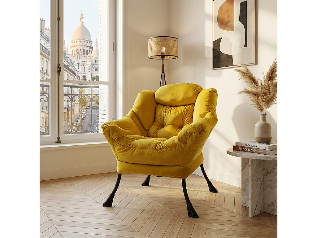 Fauteuil rembouré tissu jaune en pieds métal poche latérale 75x80x85cm