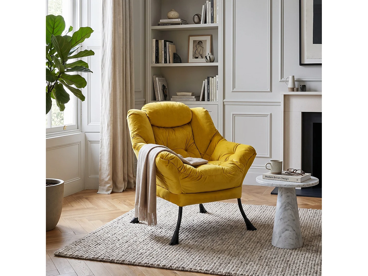 Fauteuil rembouré tissu jaune en pieds métal poche latérale 75x80x85cm