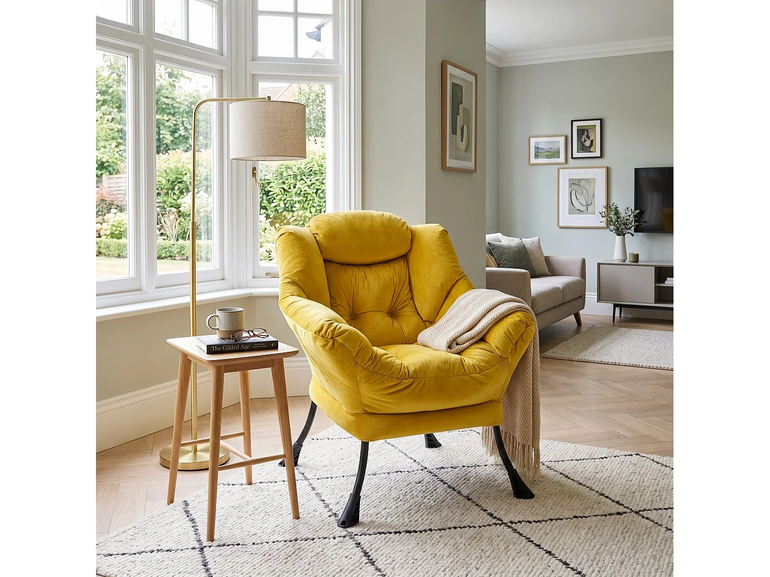 Fauteuil rembouré tissu jaune en pieds métal poche latérale 75x80x85cm