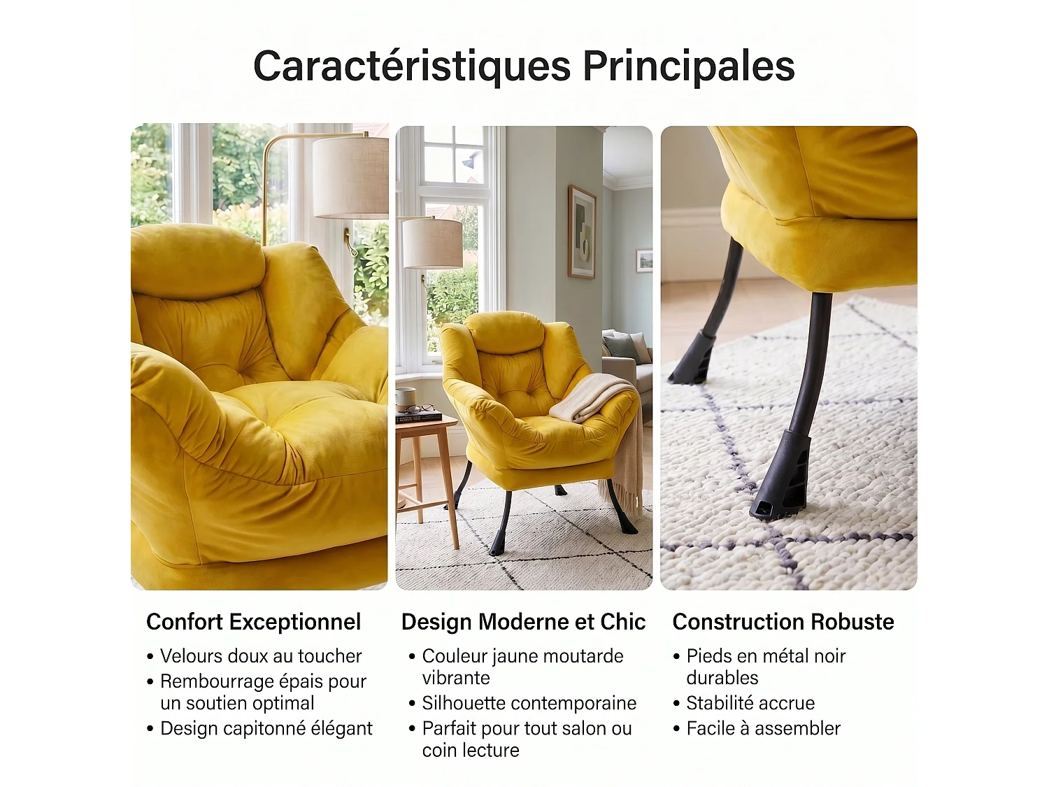 Fauteuil rembouré tissu jaune en pieds métal poche latérale 75x80x85cm