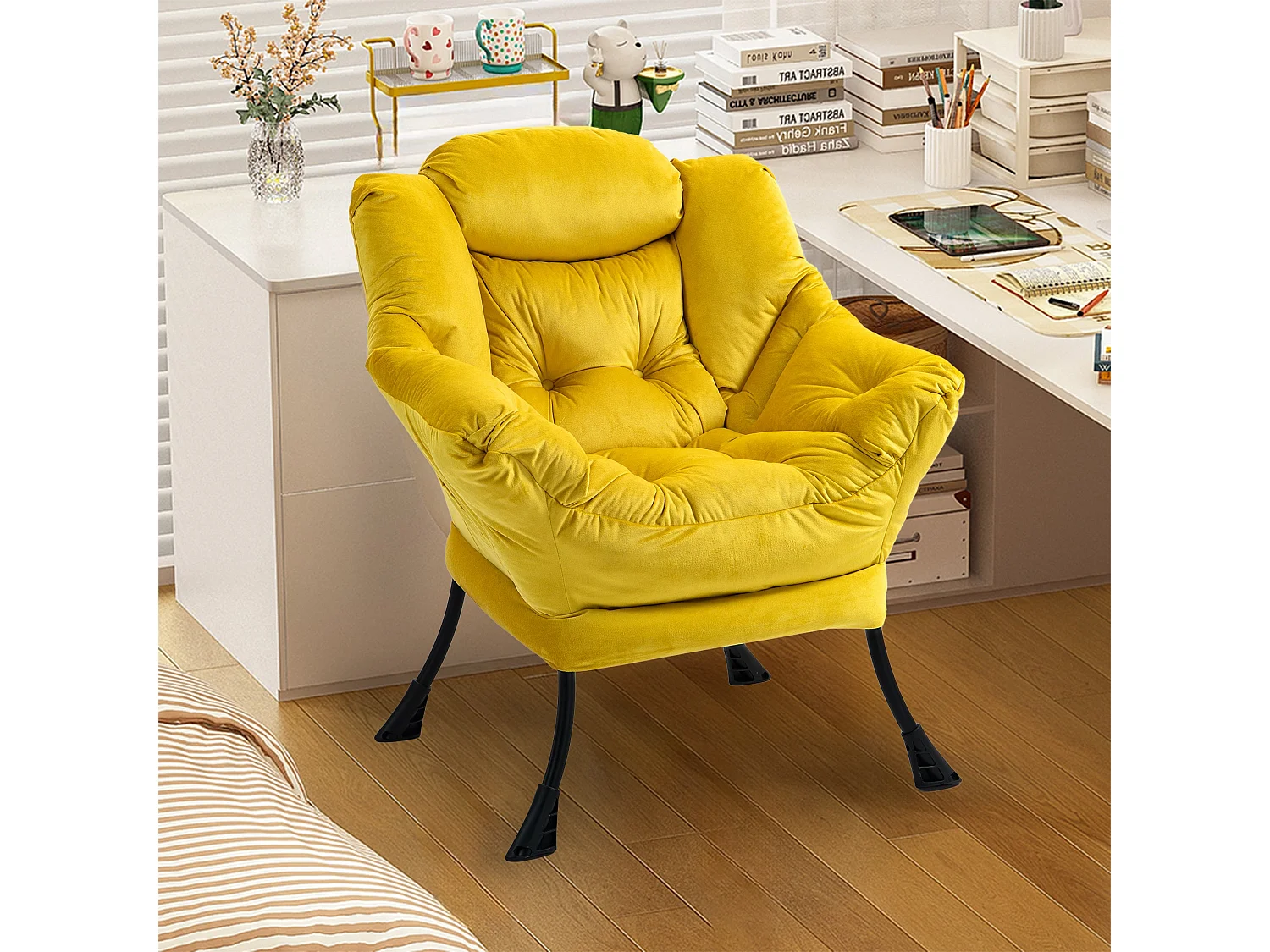 Fauteuil rembouré tissu jaune en pieds métal poche latérale 75x80x85cm