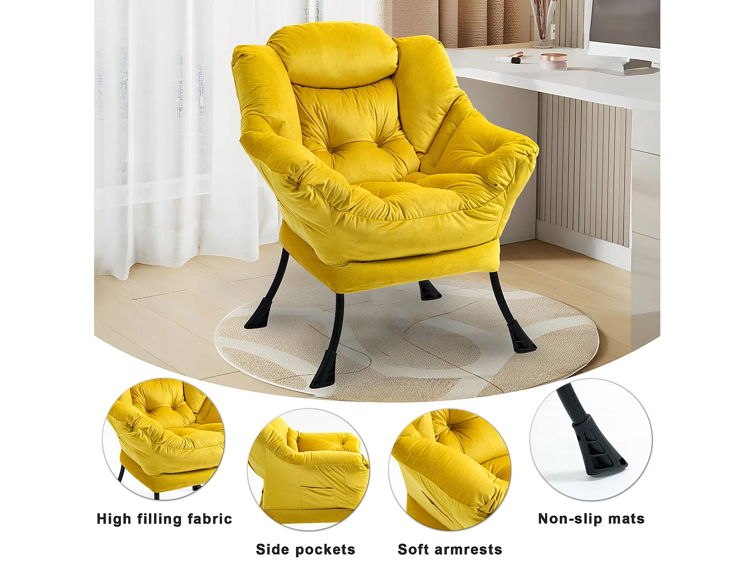 Fauteuil rembouré tissu jaune en pieds métal poche latérale 75x80x85cm