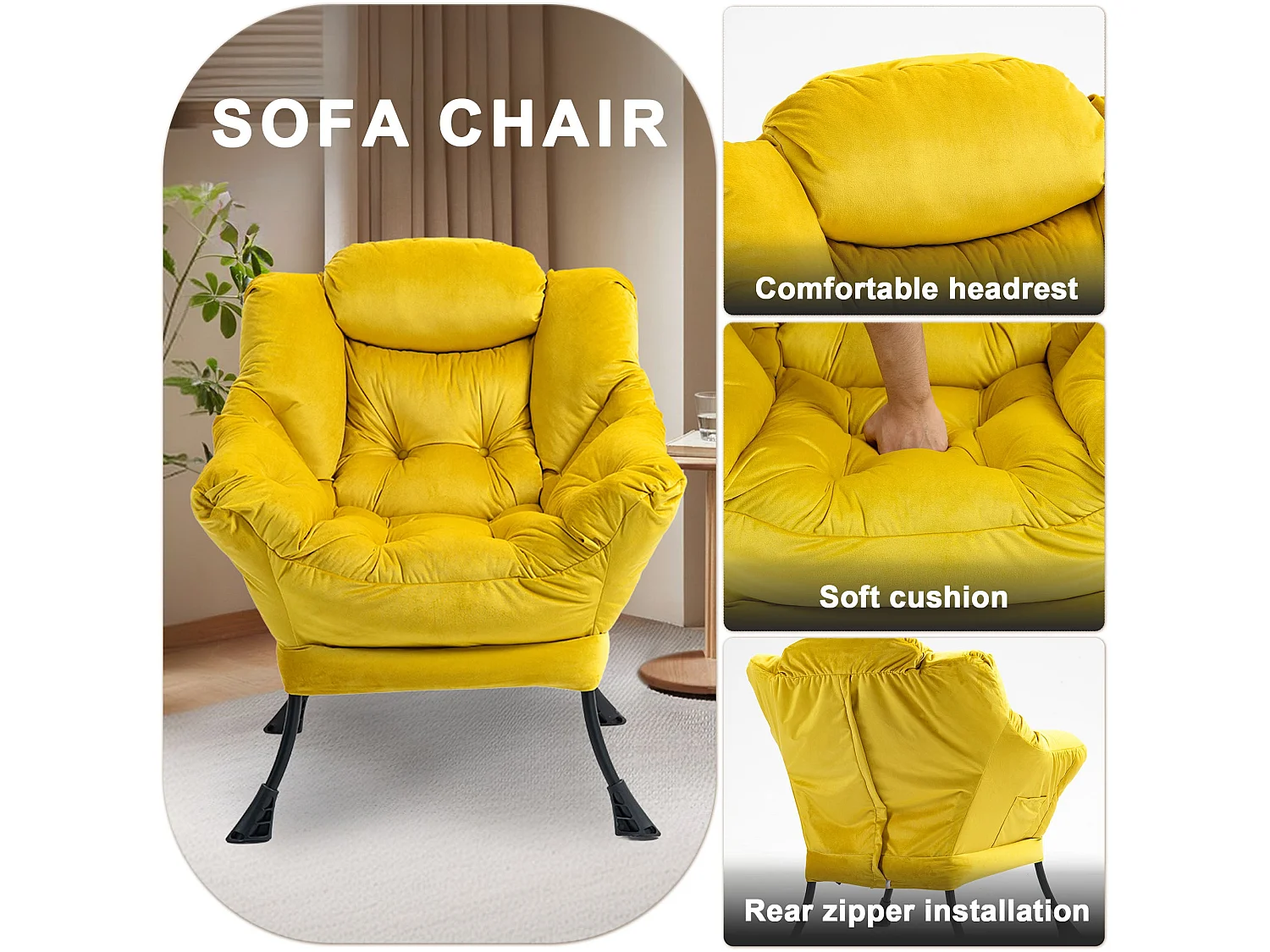 Fauteuil rembouré tissu jaune en pieds métal poche latérale 75x80x85cm