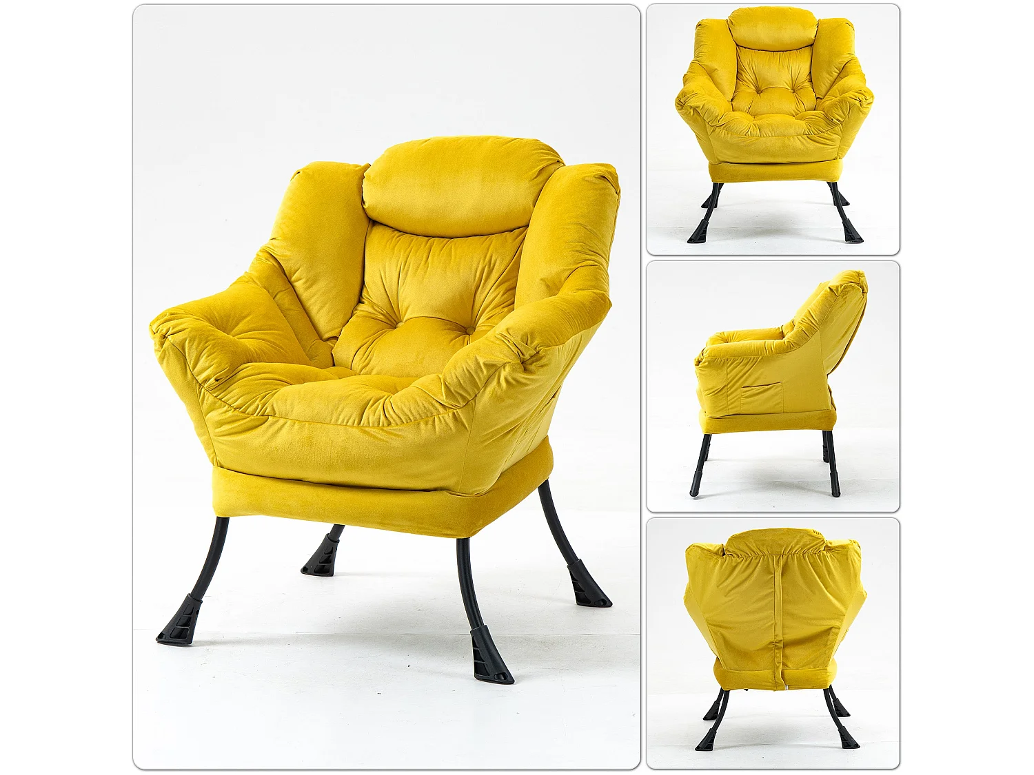 Fauteuil rembouré tissu jaune en pieds métal poche latérale 75x80x85cm