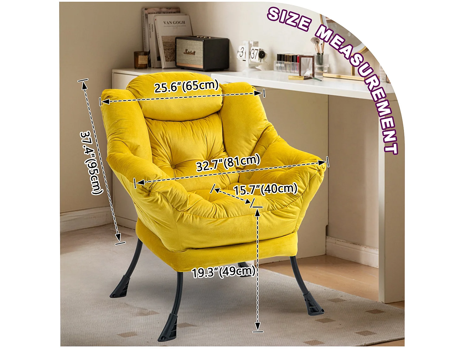 Fauteuil rembouré tissu jaune en pieds métal poche latérale 75x80x85cm