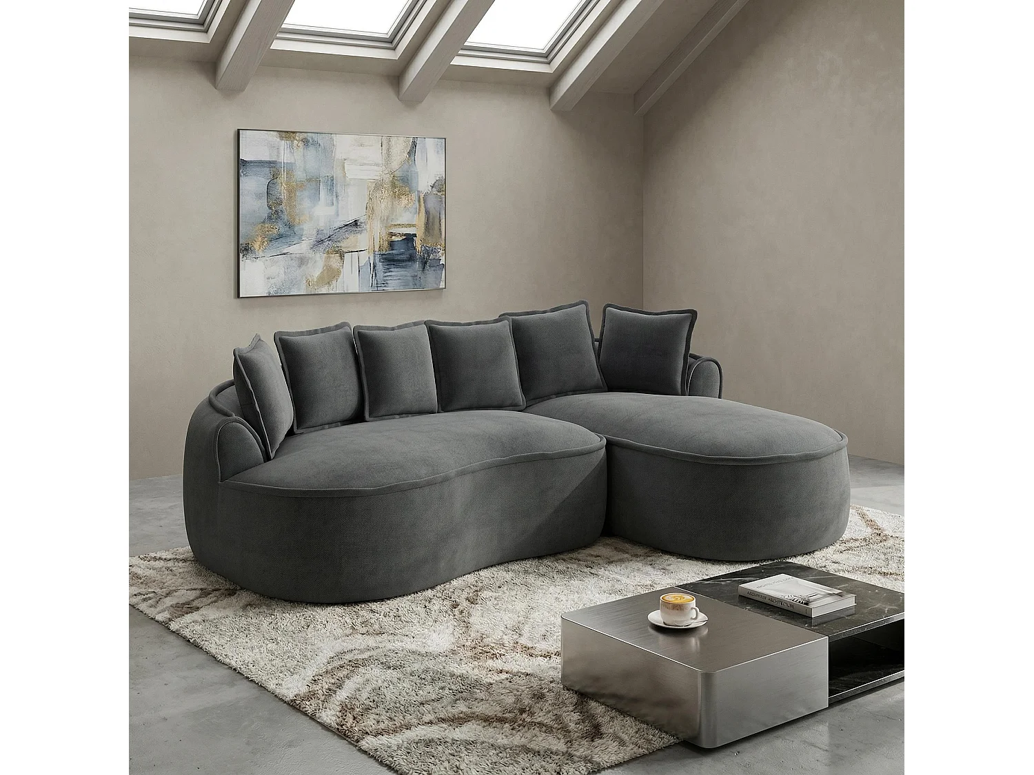 Canapé d'angle modulable tissu chenille gris sans cadre 252x164cm