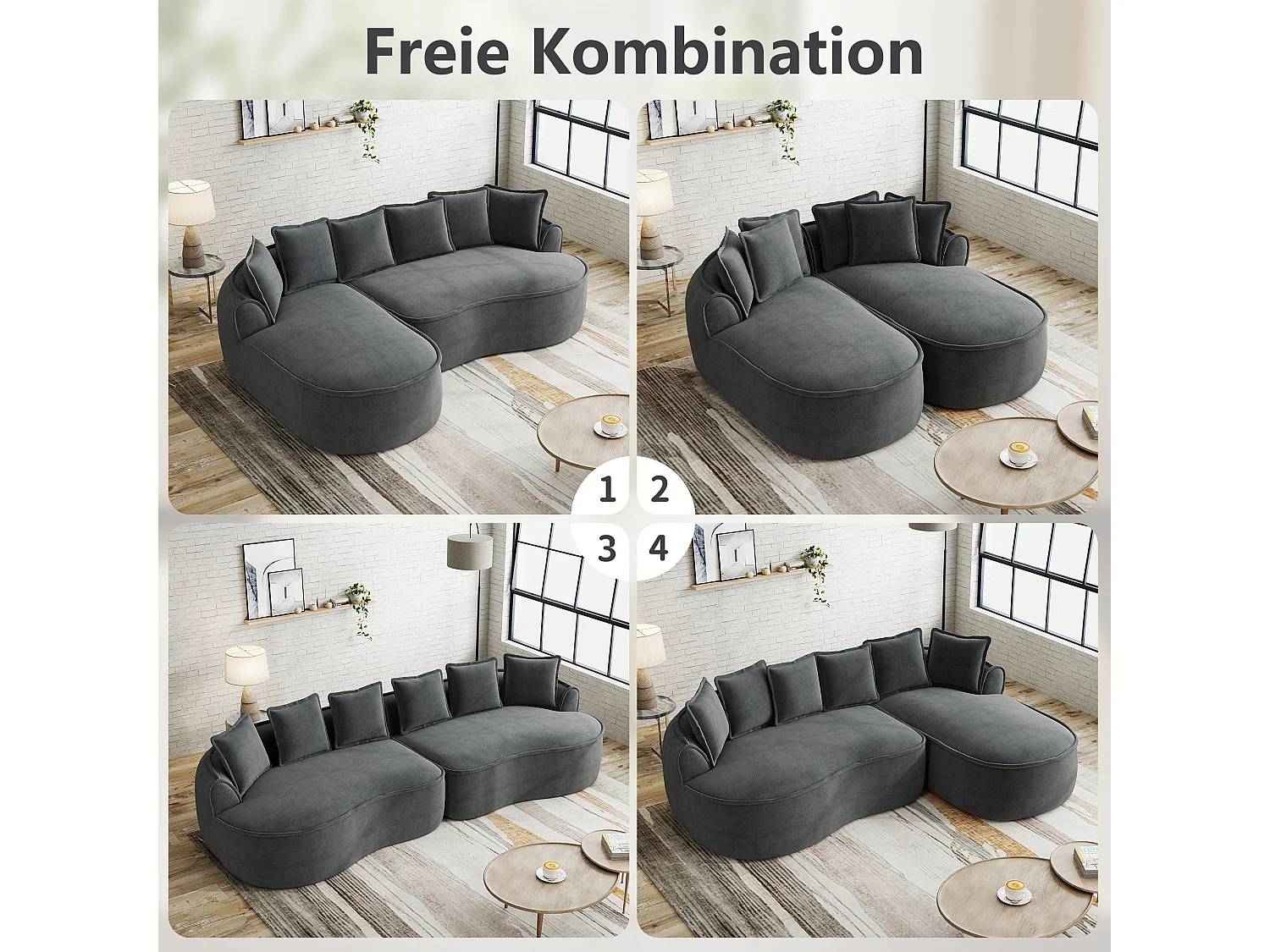 Canapé d'angle modulable tissu chenille gris sans cadre 252x164cm
