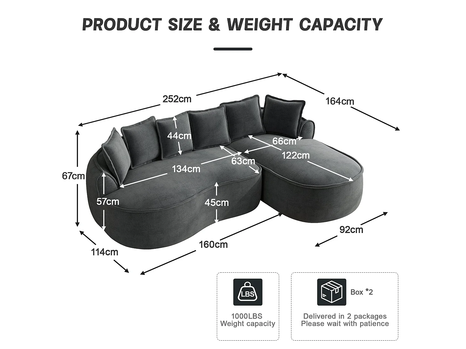 Canapé d'angle modulable tissu chenille gris sans cadre 252x164cm