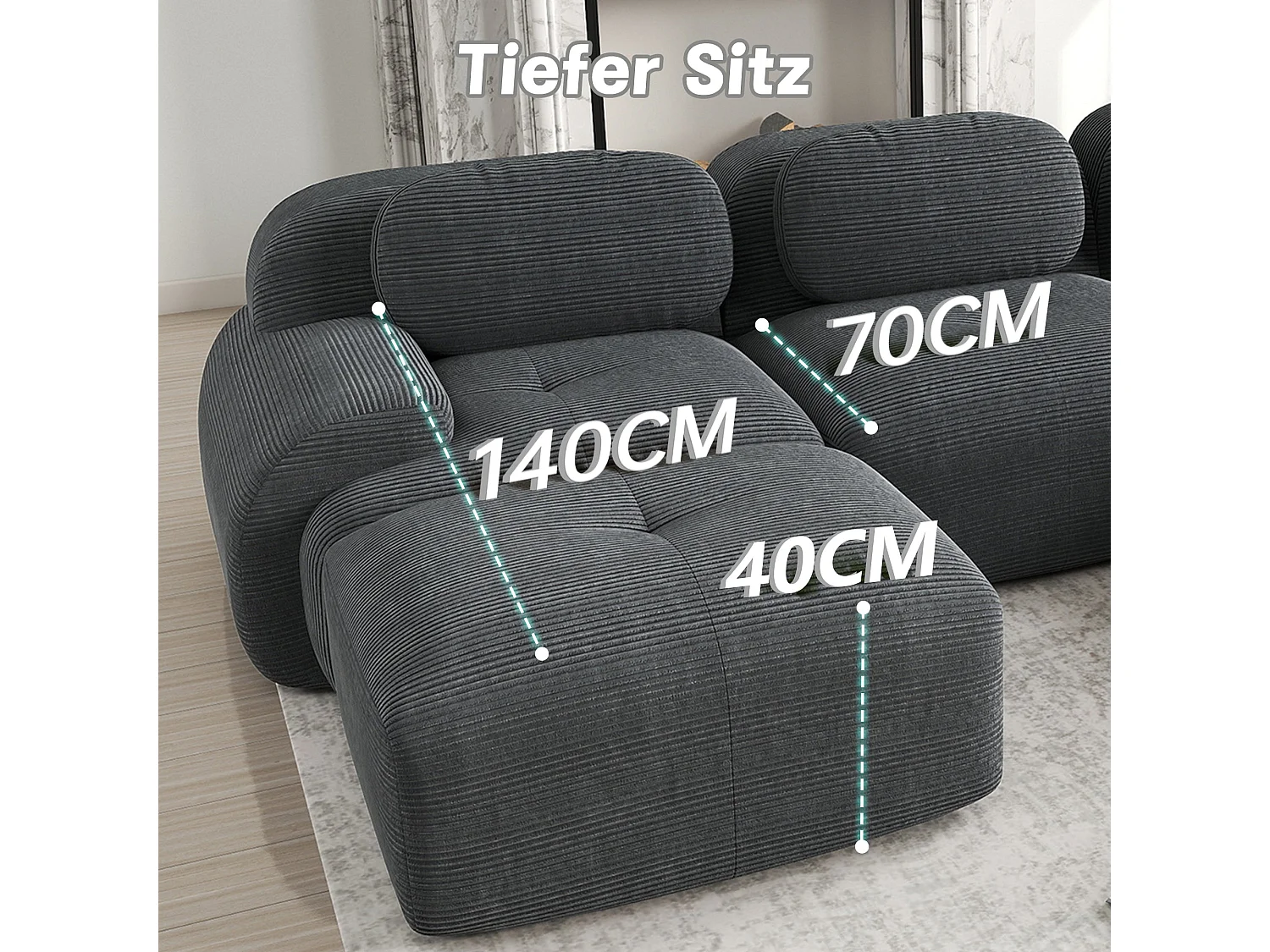 Canapé 3 places modulable en velours côtelé gris et accoudoirs courbés