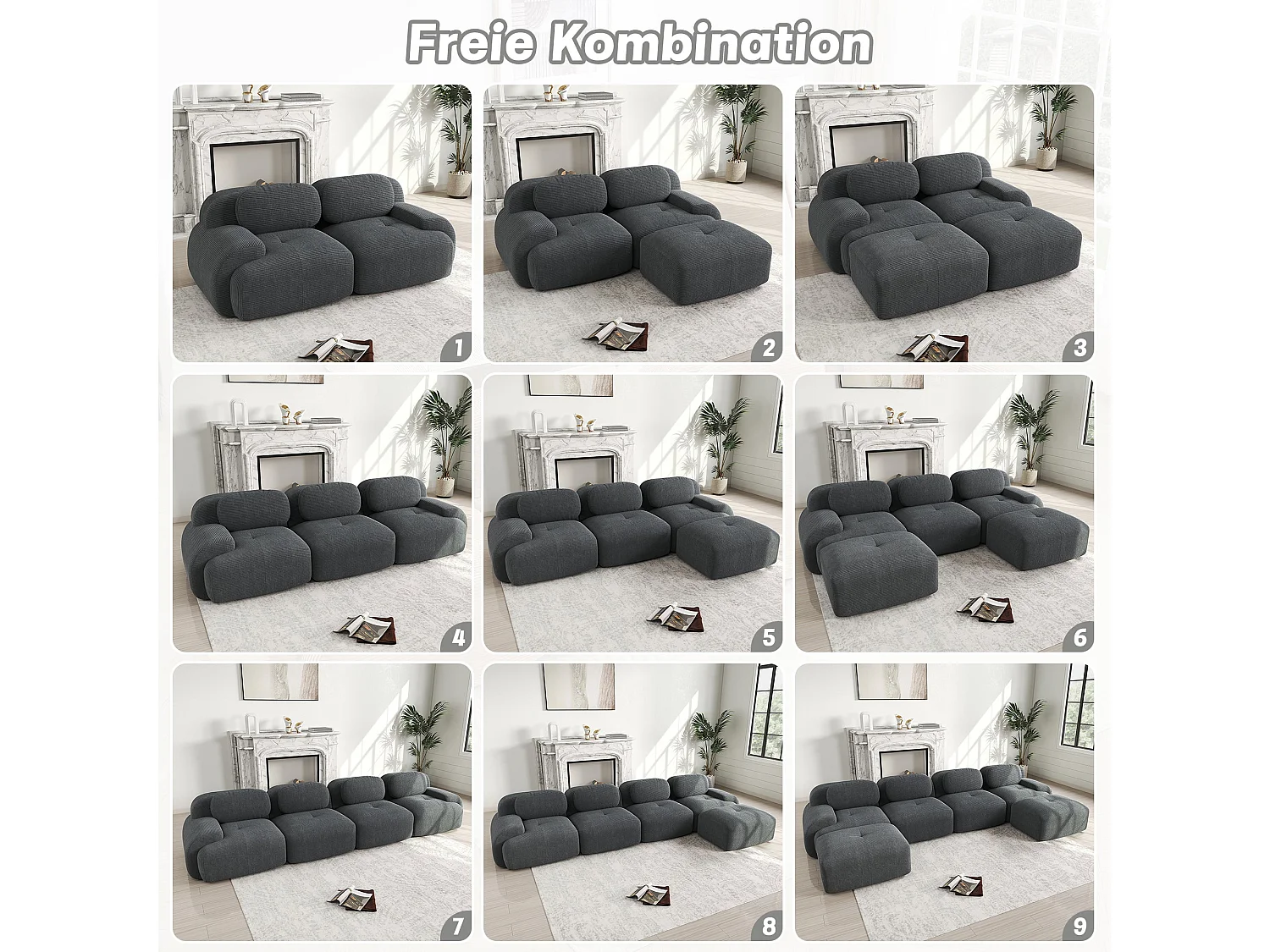 Canapé 3 places modulable en velours côtelé gris et accoudoirs courbés