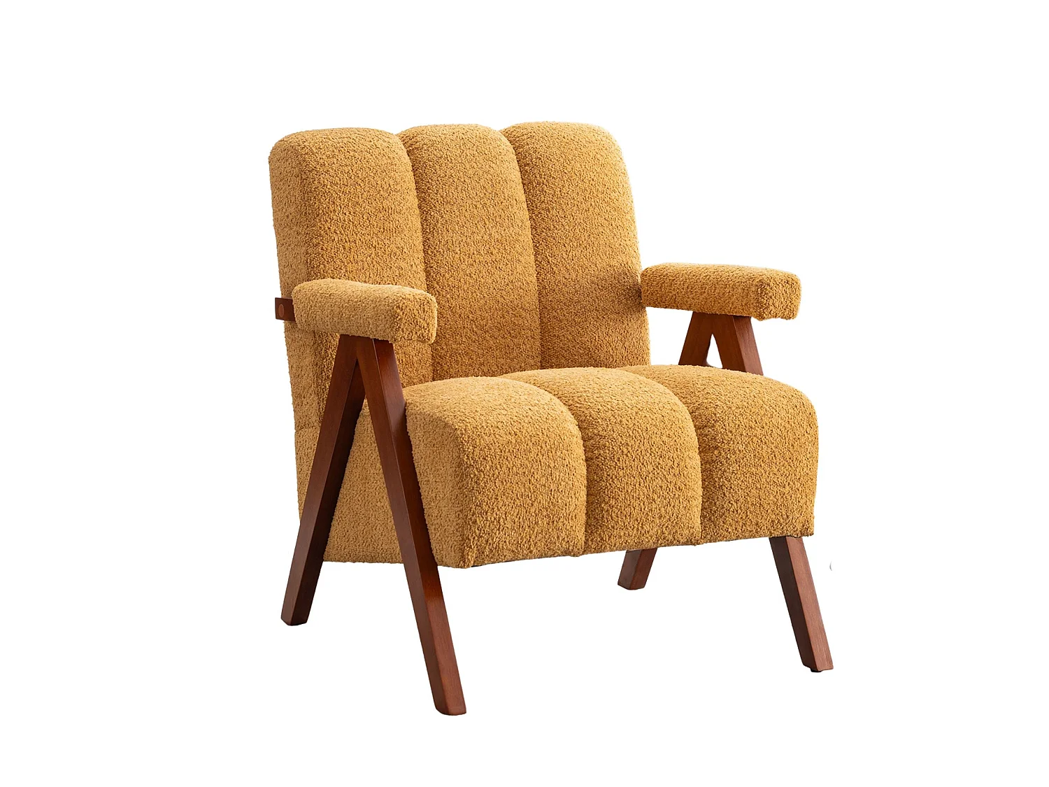 Fauteuil tissu bouclé jaune bois massif chêne accoudoirs 77x68,5x77cm