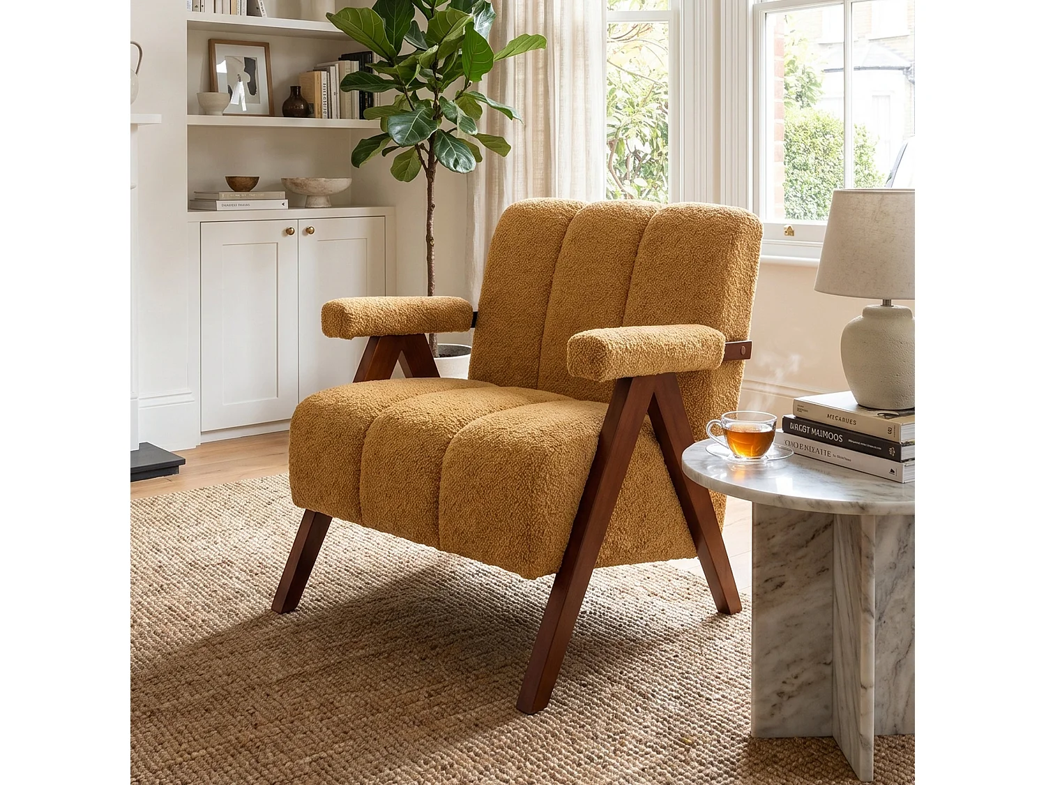 Fauteuil tissu bouclé jaune bois massif chêne accoudoirs 77x68,5x77cm