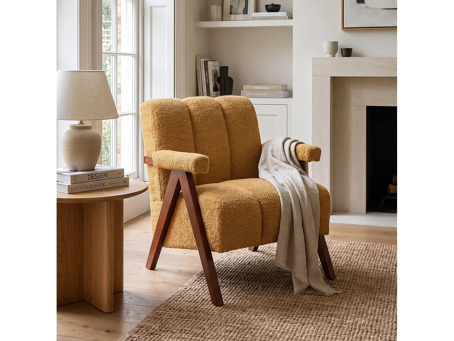 Fauteuil tissu bouclé jaune bois massif chêne accoudoirs 77x68,5x77cm