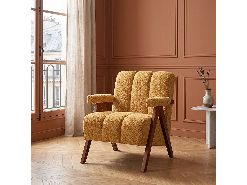 Fauteuil tissu bouclé jaune bois massif chêne accoudoirs 77x68,5x77cm
