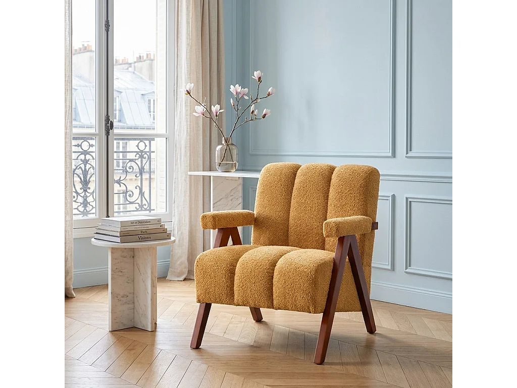 Fauteuil tissu bouclé jaune bois massif chêne accoudoirs 77x68,5x77cm