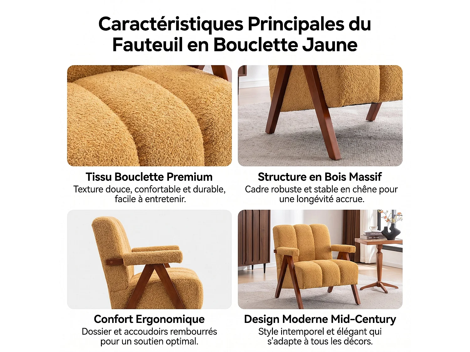 Fauteuil tissu bouclé jaune bois massif chêne accoudoirs 77x68,5x77cm
