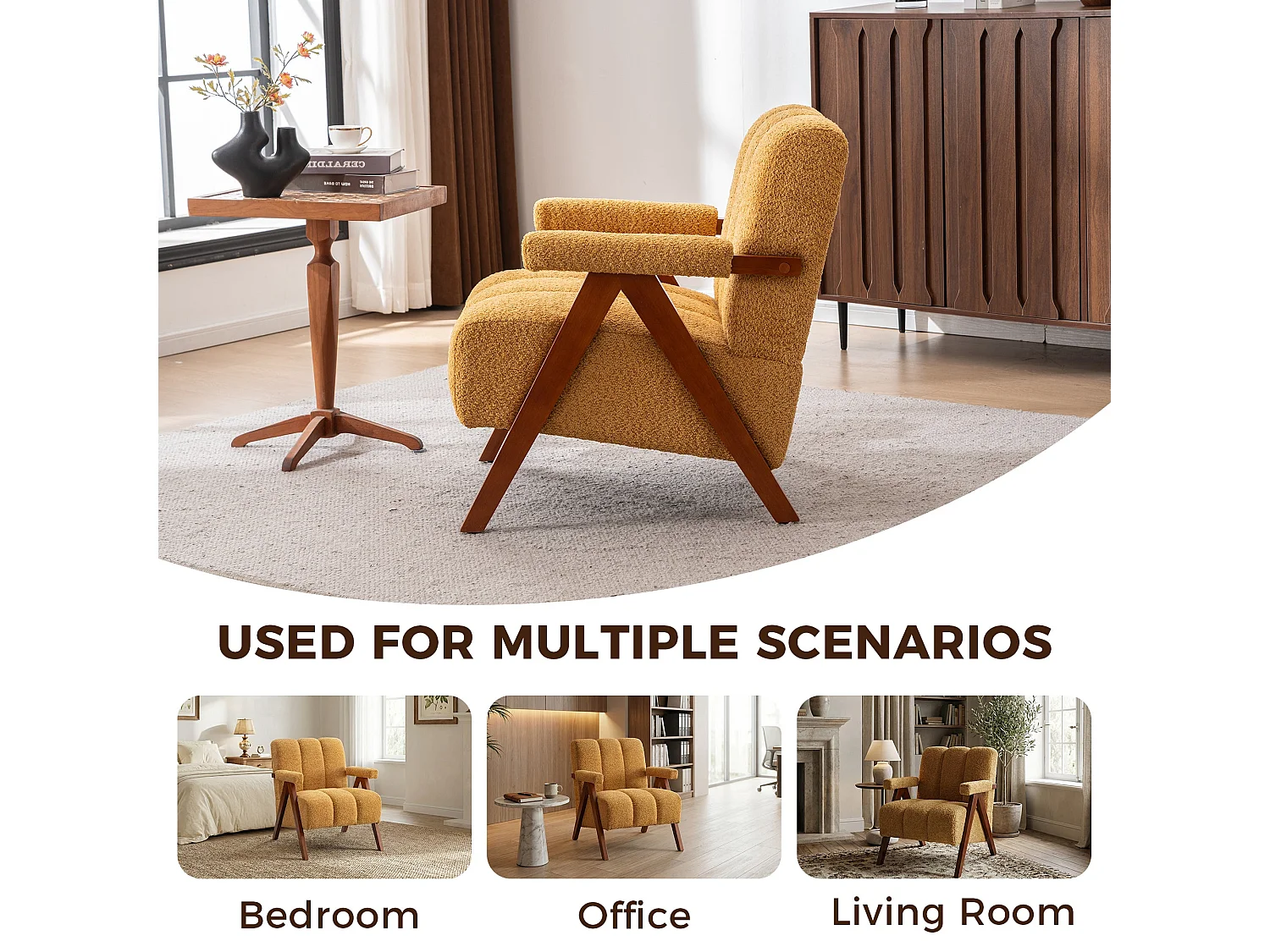 Fauteuil tissu bouclé jaune bois massif chêne accoudoirs 77x68,5x77cm
