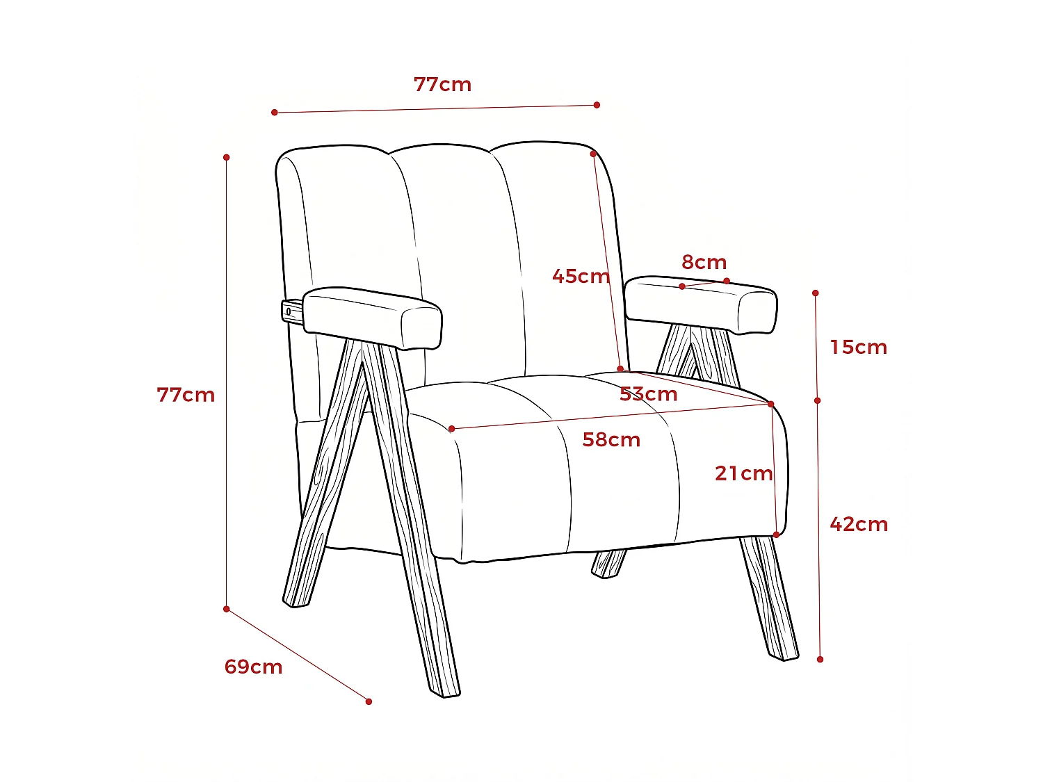 Fauteuil tissu bouclé jaune bois massif chêne accoudoirs 77x68,5x77cm