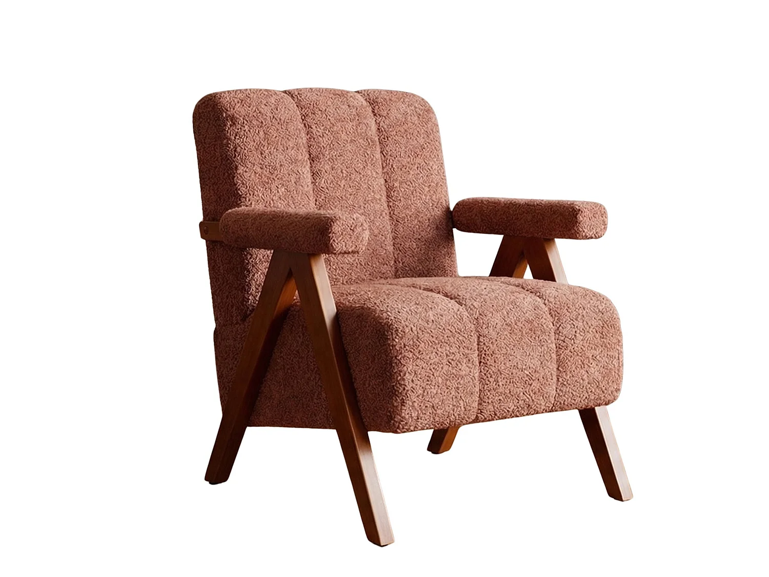 Fauteuil tissu bouclé rouge rouille bois massif chêne accoudoirs