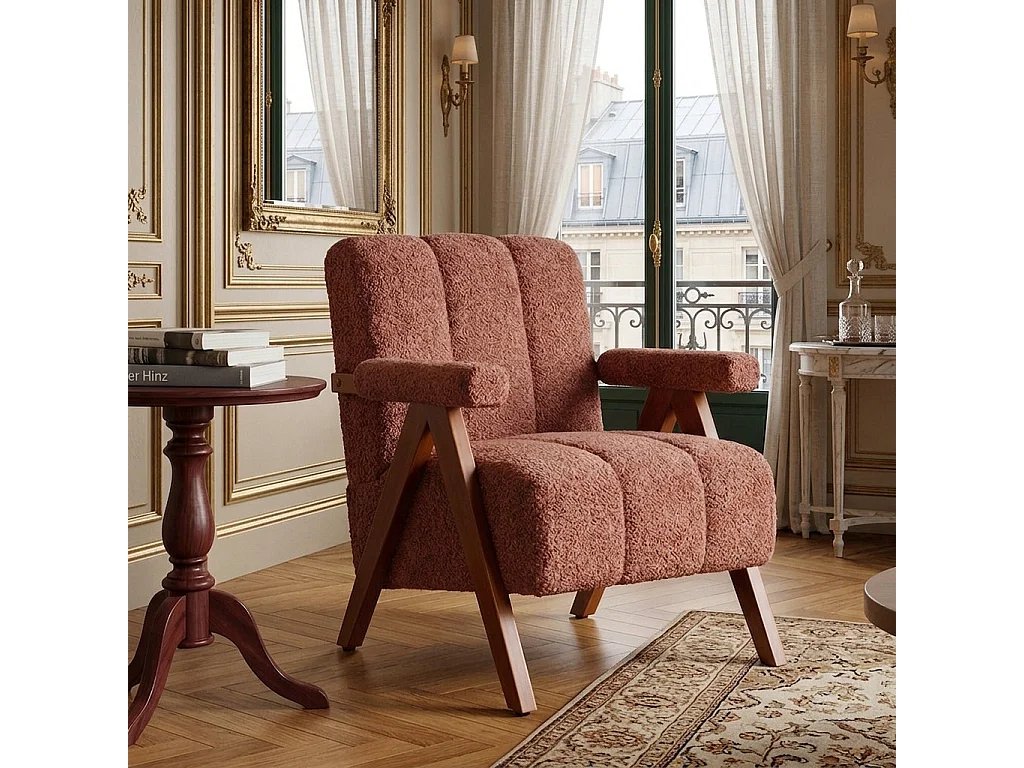 Fauteuil tissu bouclé rouge rouille bois massif chêne accoudoirs