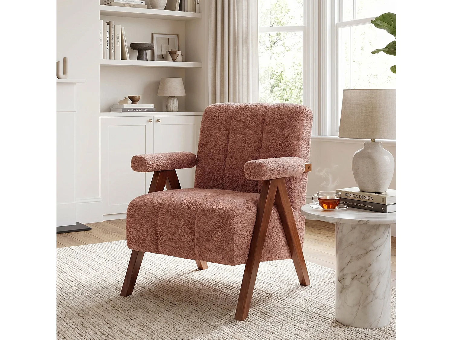 Fauteuil tissu bouclé rouge rouille bois massif chêne accoudoirs