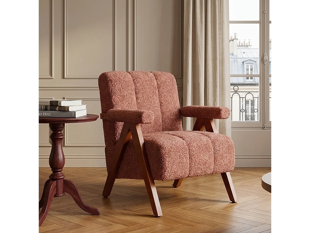 Fauteuil tissu bouclé rouge rouille bois massif chêne accoudoirs