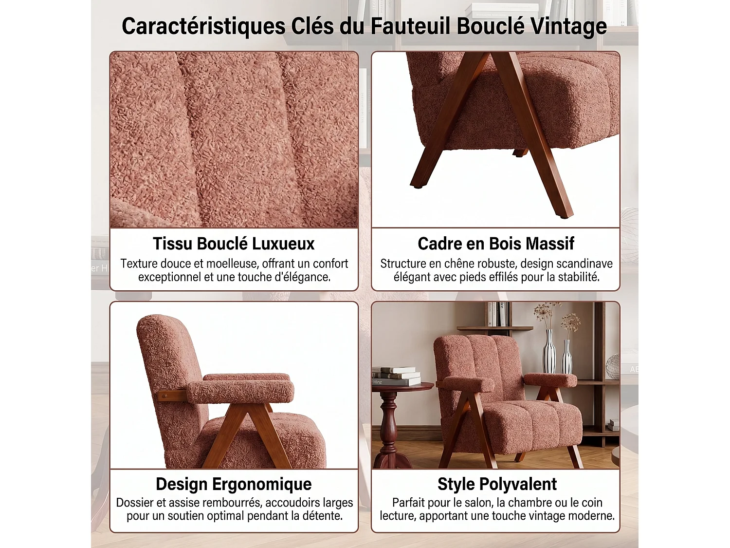 Fauteuil tissu bouclé rouge rouille bois massif chêne accoudoirs