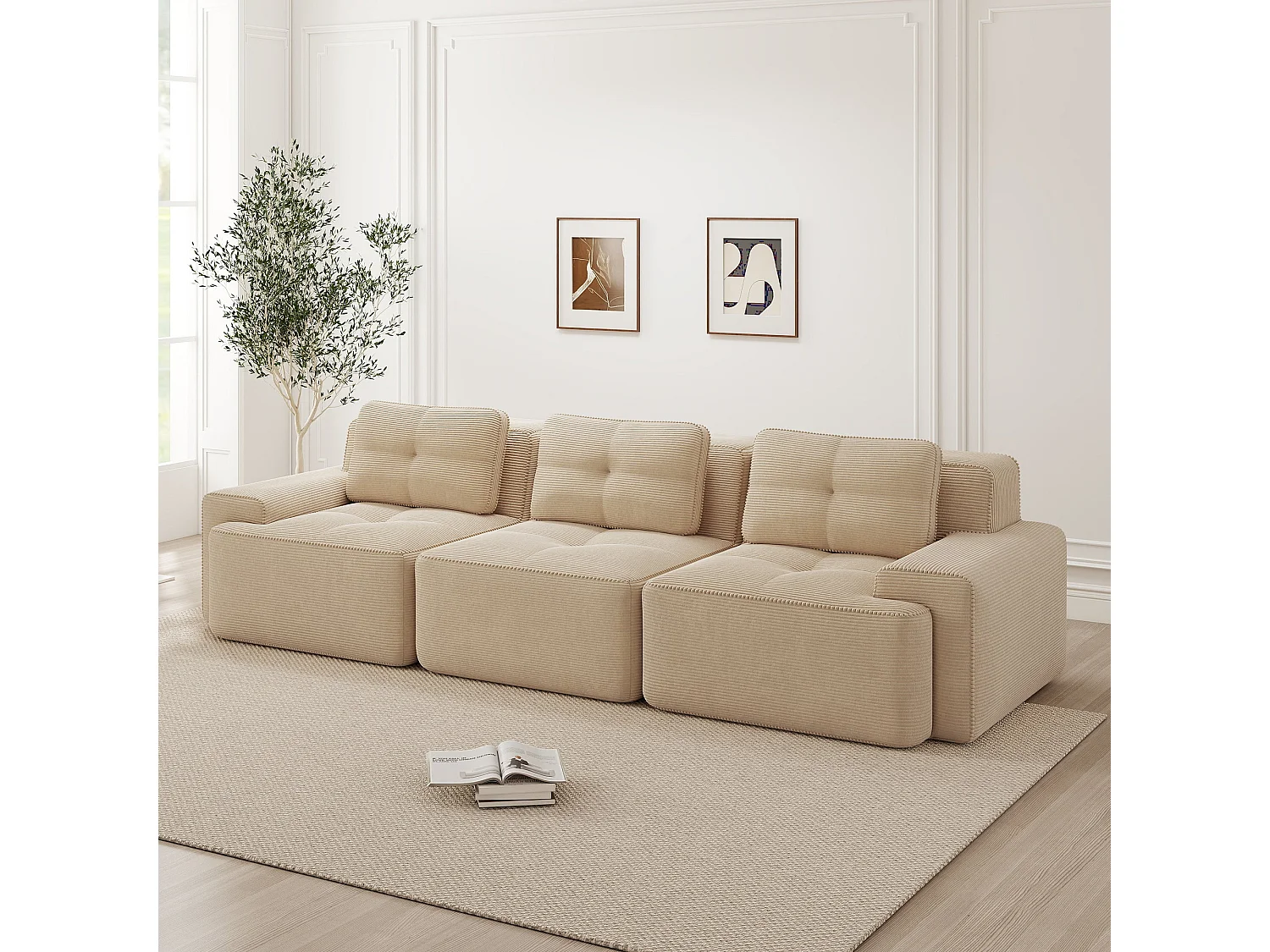 Canapé d'angle 3 places en velours côtelé beige