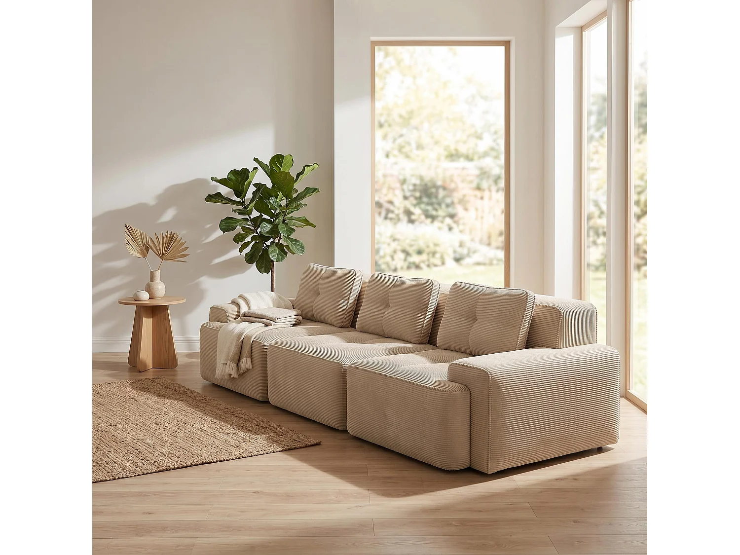 Canapé d'angle 3 places en velours côtelé beige