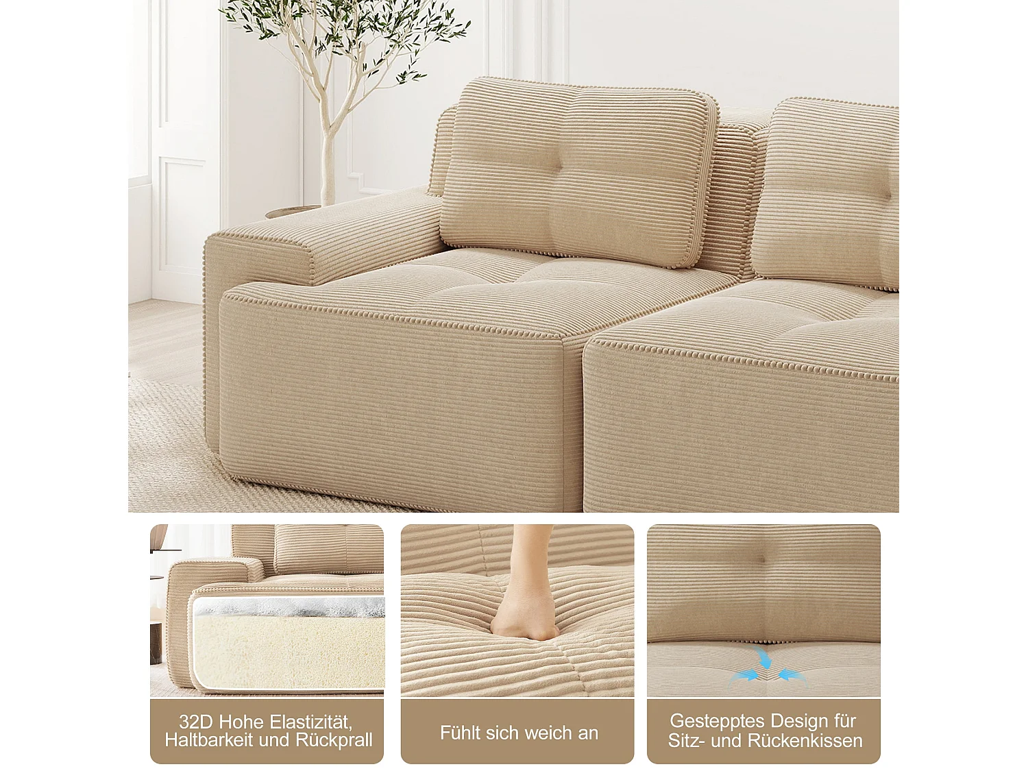 Canapé d'angle 3 places en velours côtelé beige