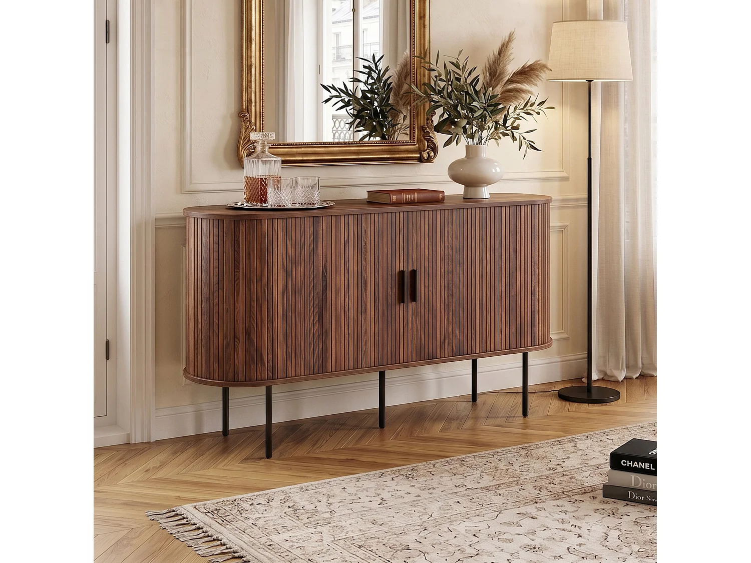 Buffet vintage effet noyer portes coulissantes à latte, poignées et pieds noir