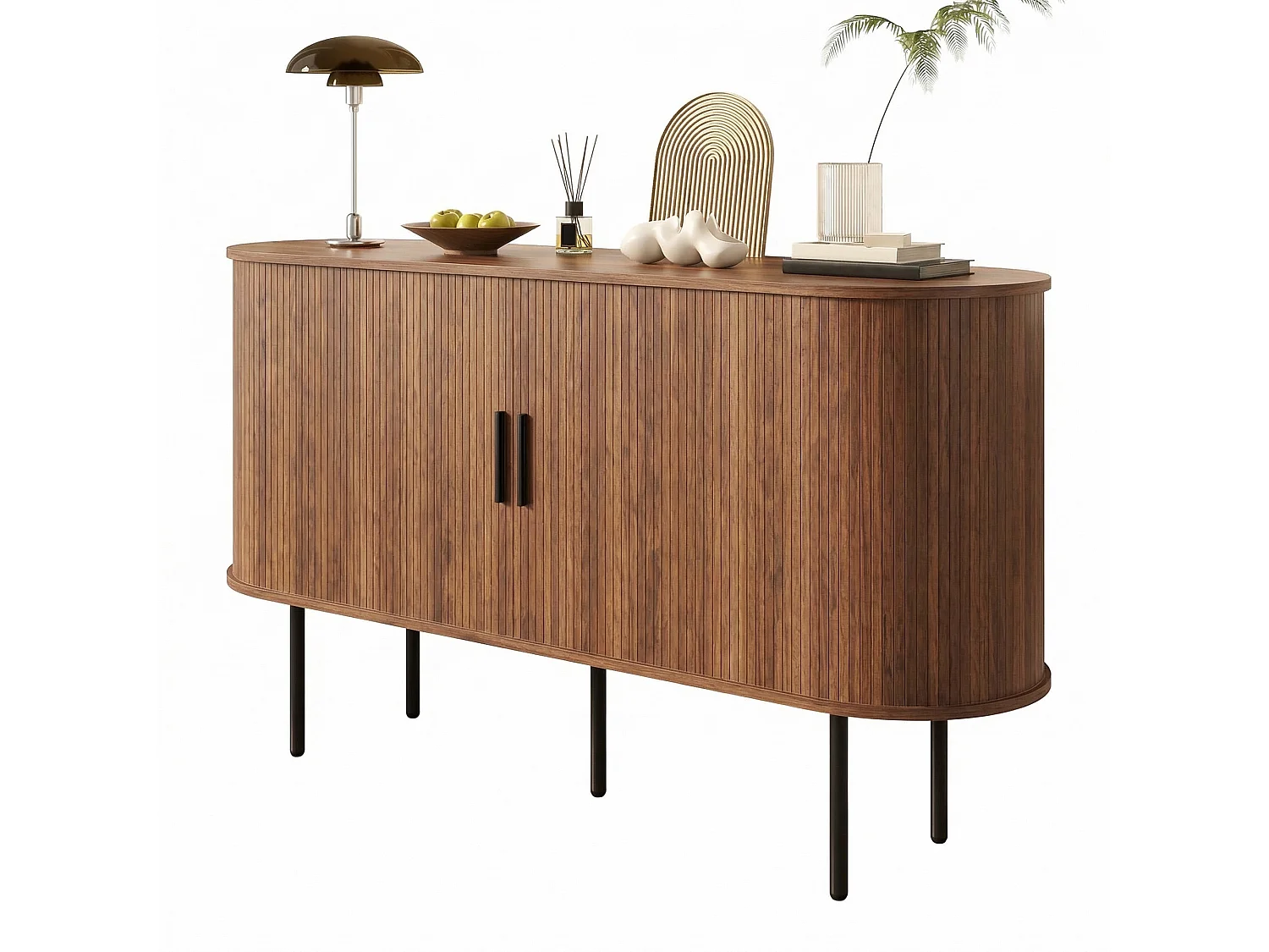 Buffet vintage effet noyer portes coulissantes à latte, poignées et pieds noir