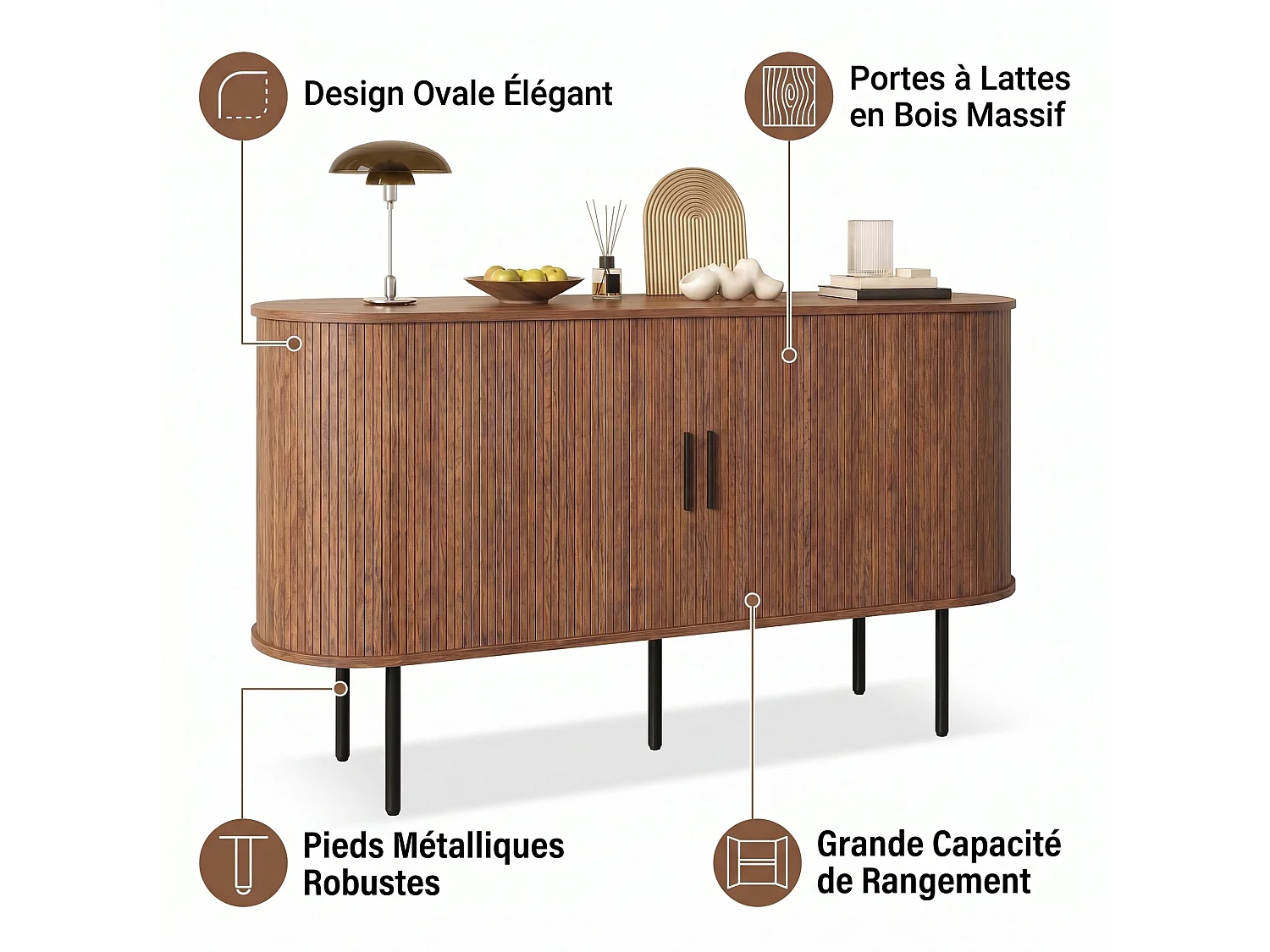 Buffet vintage effet noyer portes coulissantes à latte, poignées et pieds noir
