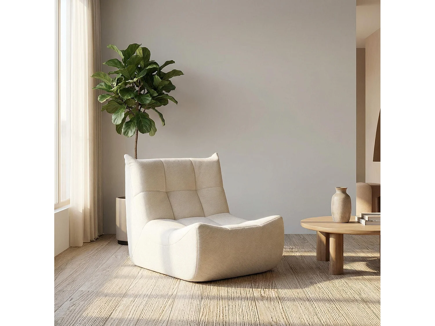 Fauteuil chauffeuse capitonné en tissu chenille beige, mousse mémoire