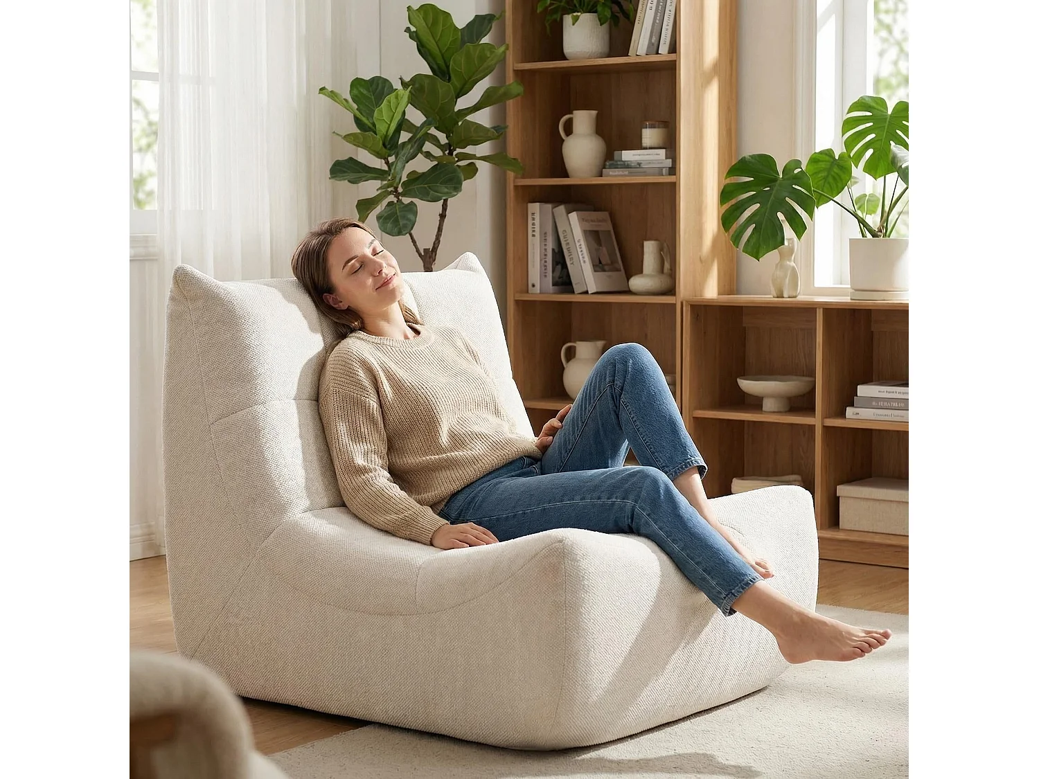 Fauteuil chauffeuse capitonné en tissu chenille beige, mousse mémoire
