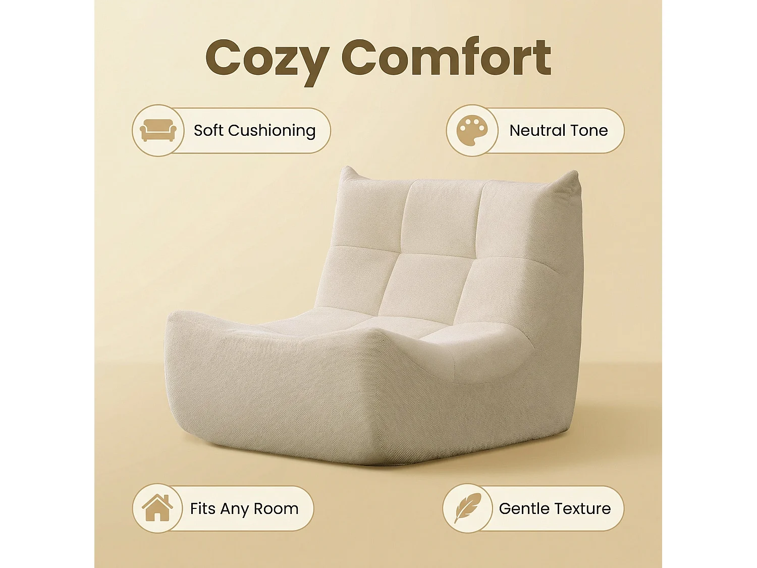 Fauteuil chauffeuse capitonné en tissu chenille beige, mousse mémoire